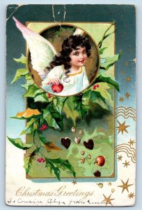 La Crosse WI Postcard Christmas Greetings Angel Holly Berries Embossed 1906