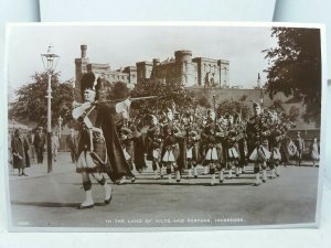 Vintage RP Postcard Military Band Marching Past Castle Inverness Scotland