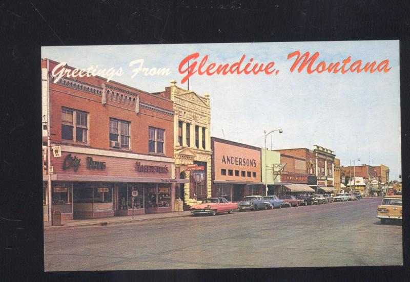 GLENDIVE MONTANA DOWNTOWN STREET SCENE 1950's CARS VINTAGE POSTCARD MONT.