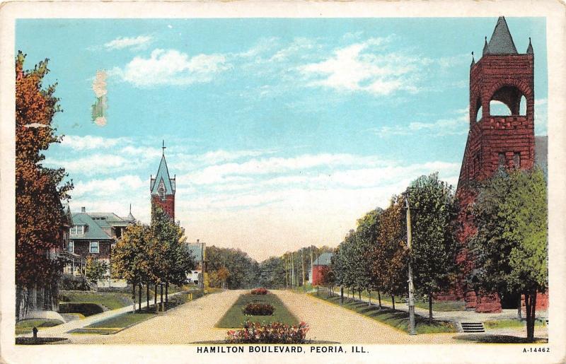 Peoria Illinois~Hamilton Boulevard~Churches on Both Sides of Street~1931 Pc