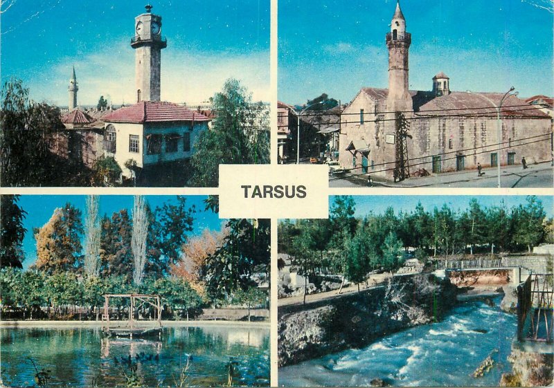 Postcard Turkey multi view Tarsus church tower park bridge lake city street