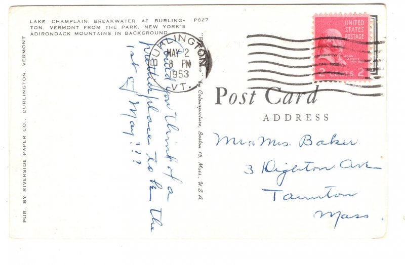 Lake Champlain Breakwater, Burlington, Vermont, Used 1953