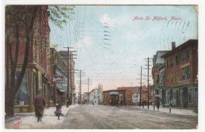 Main Street Scene Streetcar Milford Massachusetts 1907 postcard