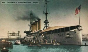 Battleships in Portland Harbor Oregon Postcard People Boarding