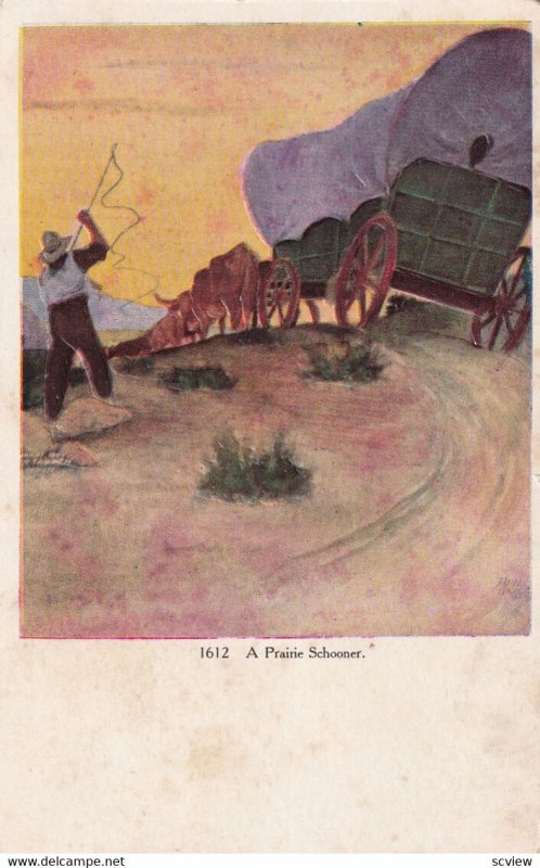 Cowboy with bull whip steering bull-drawn Prairie Schooner at dusk, PU-1909