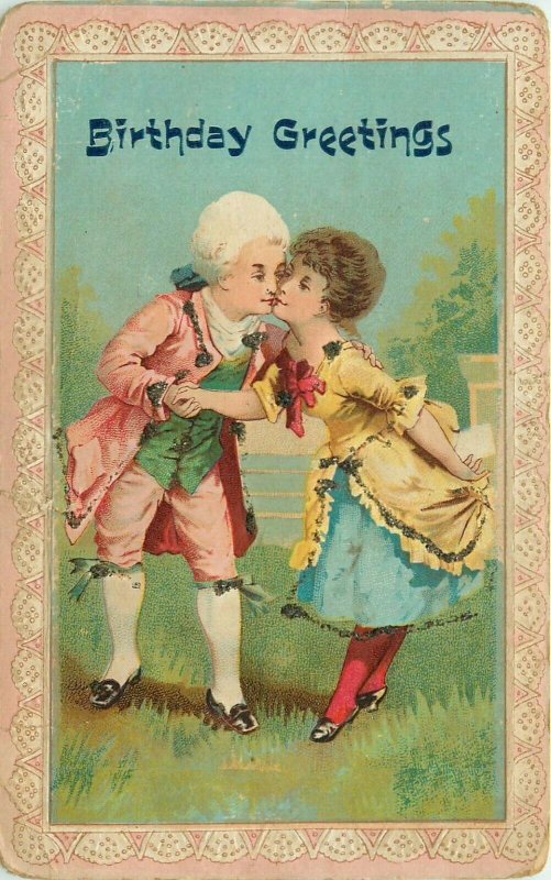 French Colonial Dressed Couple KIssing Birthday Greetings Postcard