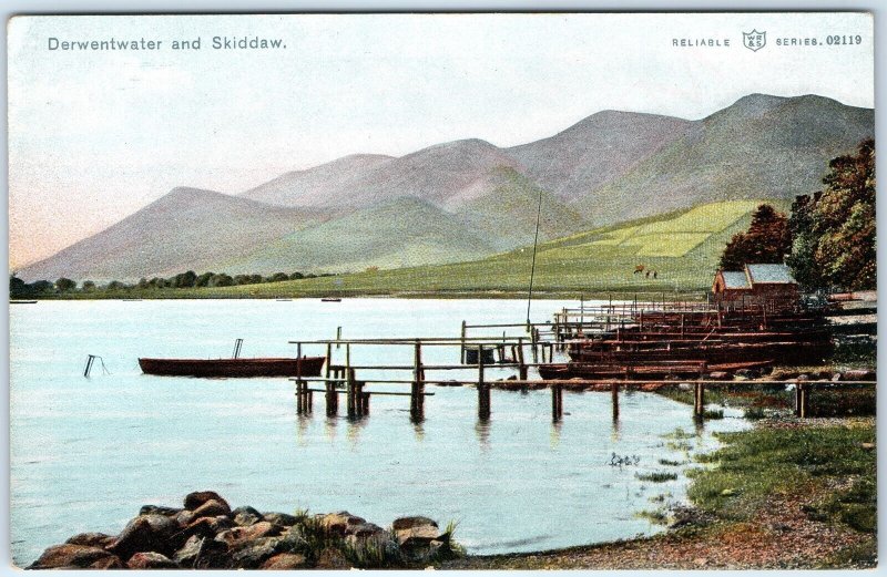 c1910s Derwentwater, England Skiddaw Mountain Lake Jetties Boats Shore Hut A353