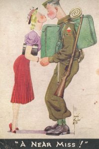 Raphael Tuck A Near Miss Military Comic Kissing PB Postcard