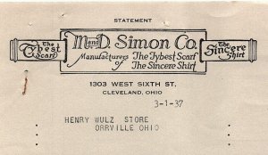 1937 M AND D SIMON CO. CLEVELAND OH TYBEST SCARF SINCERE SHIRT BILLHEAD Z2481