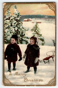 Christmas Postcard Real Photo Children Snow Covered Trees Sled Germany RPPC