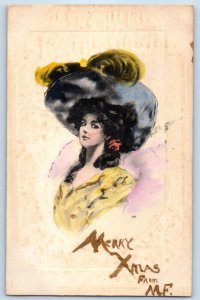 1909 Christmas Pretty Woman Big Hat Feather Morgantown WV Antique Postcard