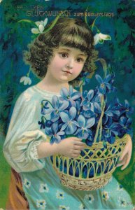 Happy New Year Victorian Girl Blue Flowers 06.65