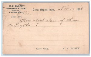 1888 U.C. Blake Attorney at Law Cedar Rapids Iowa IA Antique Posted Postal Card