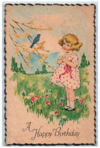 c1910's Happy Birthday Girl Song Bird Flowers Arts Crafts Antique Postcard