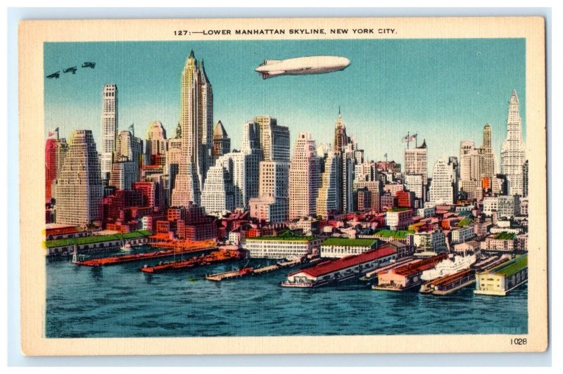 Us Navy Airship Zeppelin Flying Over Manhattan New York City NY Postcard (FP6)