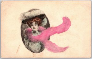 Edwardian Woman Portrait With Feathered Hat And Flowing Scarf, Vintage Postcard