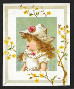 VICTORIAN TRADE CARD Cute Girl with Big Hat & Yellow Flowers