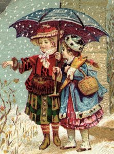 1880s FANCY DRESSED GIRLS UNBRELLA SNOW BASKETS LOVELY VICTORIAN TRADE CARD P135