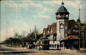 Brookline Massachusetts MA Trolley Street Scene 1900s-10s Postcard