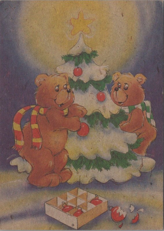 Children's Christmas Postcard - Two Bears and Christmas Tree  RR15614