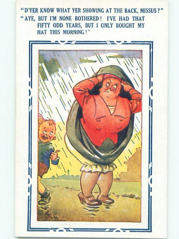 Bamforth Comic WOMAN TRIES TO AVOID GETTING WET IN RAIN AB9793