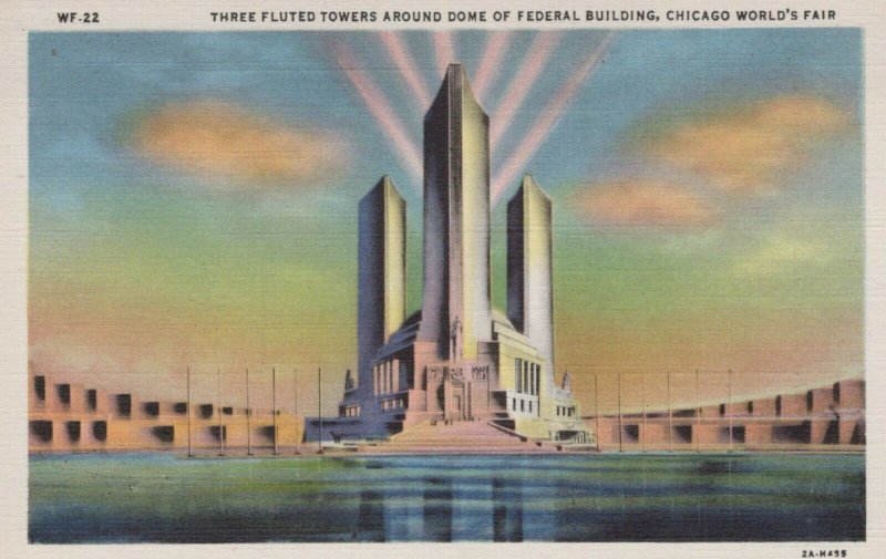 Three Fluted Tower Fed Bldg Chicago World Fair Illinois Vintage Linen Post Card 