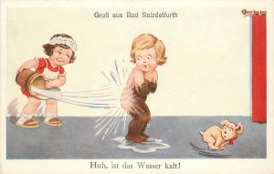 Postcard 1920s Children Mud Bath Dog comic Humor artist impression 22-13897