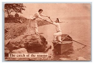 Romance Couple on Boat The Catch of the Season Sepia DB Postcard U8