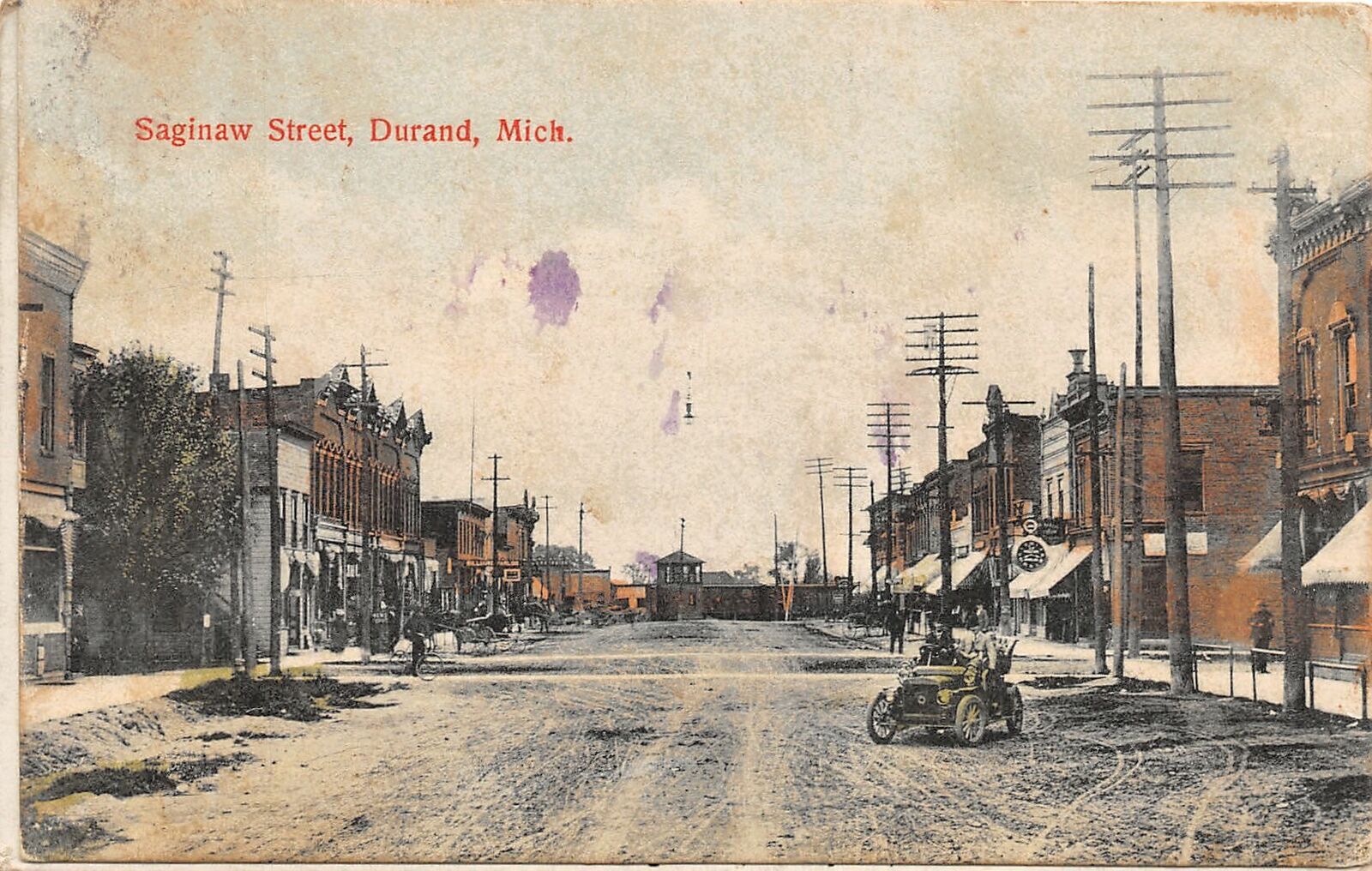 J25/ Durand Michigan Postcard c1910 Saginaw Street Stores Early Auto