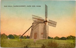 Postcard MA Harwichport Cape Cod Old Wind Mill Hand Colored 1930s H18