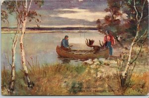 Canadian Camp Life Patriotic Hunters Moose Canoe Unused Artotype Postcard F91