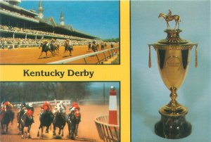 Louisville Kentucky Derby, Trophy, 2 Race Views Continental Postcard