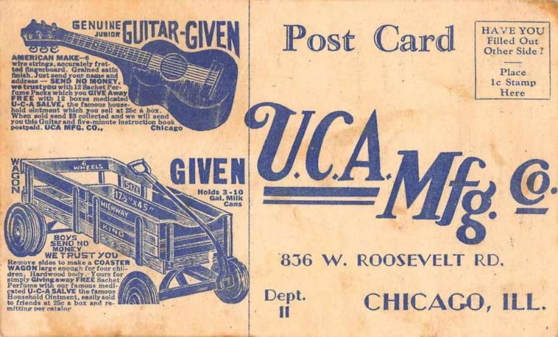 Chicago Illinois UCA Mfg Co Guitar and Wagon Vintage Postcard JA454664