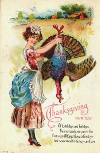 Thanksgiving Girl With A Turkey Embossed Vintage Postcard 09.00
