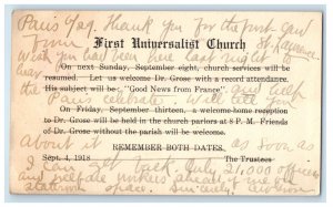 1918 First Universalist Church Dates Posted Antique Advertising Postcard 