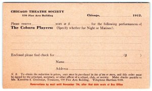 1912 CHICAGO THEATRE SOCIETY THE COBURN PLAYERS TICKET ORDER CARD ANTIQUE