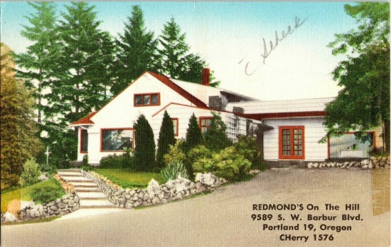 Redmond’s On The Hill Portland 19 Oregon Barbur Blvd. Vintage Postcard UNP Linen 