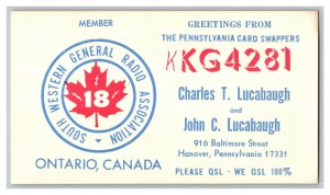 QSL Radio Card From Hanover Pennsylvania KKG4281