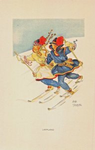 LAPPLAND  SWEDEN~SKIERS-NATIONAL COSTUME~AINA STENBERG ARTIST DRAWN POSTCARD