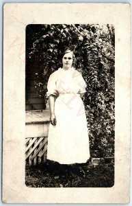 c1910s Young Lady Outdoors RPPC House Porch Real Photo PC ID'd Mary E. Rife A185