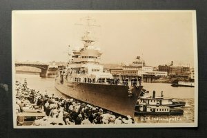 Mint Vintage USS Indianapolis at Dock with Crowd Real Photo Postcard RPPC