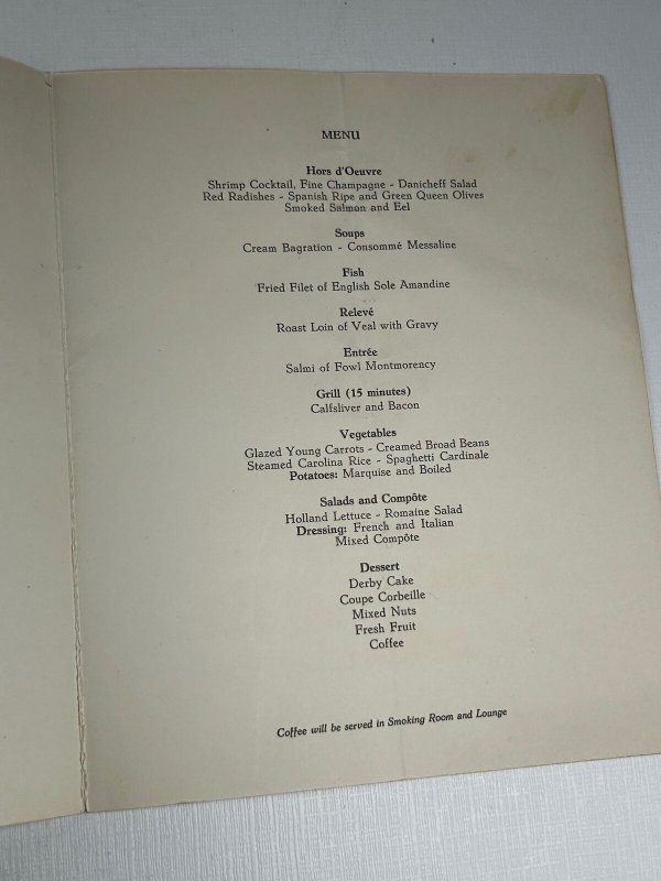 Ship RMS Nieuw Amsterdam Dinner Menu August 14th 1953