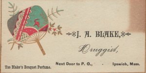 1880s-90s Fan Bouquet Perfume J.A. Blake Druggist Ipswich Trade Card