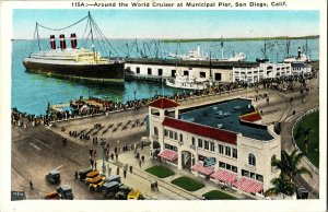 Ocean Liner at Municipal Pier, San Diego CA Vintage Postcard I53