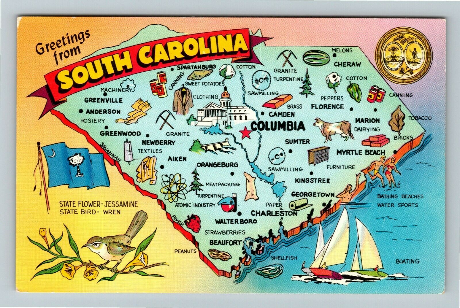 SCSouth Carolina, State Map, State Flower, State Bird, Chrome Postcard