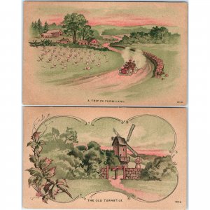 x2 SET c1910s Farm Land Art Postcard Lot Turnstile Windmill Car Wallingford A196