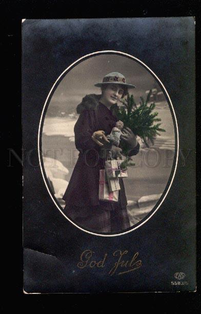 047360 X-mas Lady w/ TEDDY BEAR & Doll vintage PHOTO