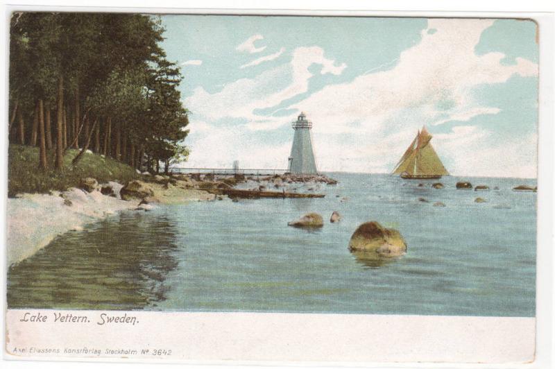 Lighthouse Sailing Boat Lake Vettern Sweden 1905c postcard