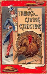 J85/ Interesting Postcard c1910 Uncle Sam Thanksgiving Patriotic Turkey 10