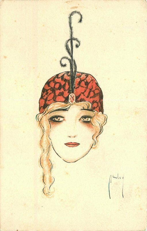 1920s Deco Fashion Woman Hand Colored Artist Ludwig Simon Postcard 